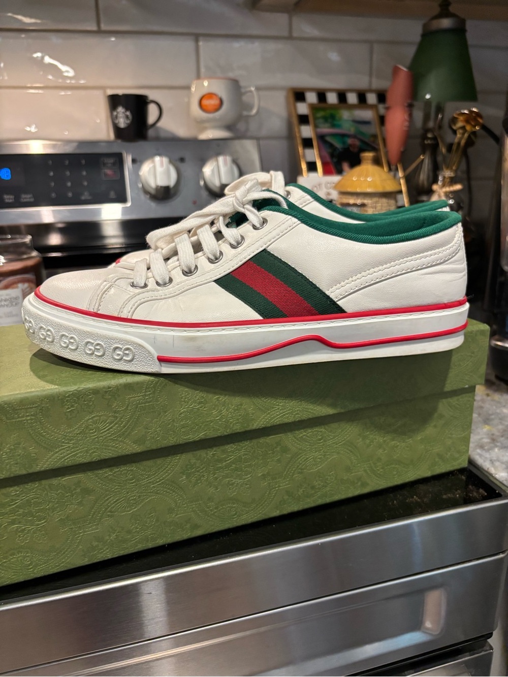 Gucci 1977 White Leather Sneakers with Green and Red Web Stripe